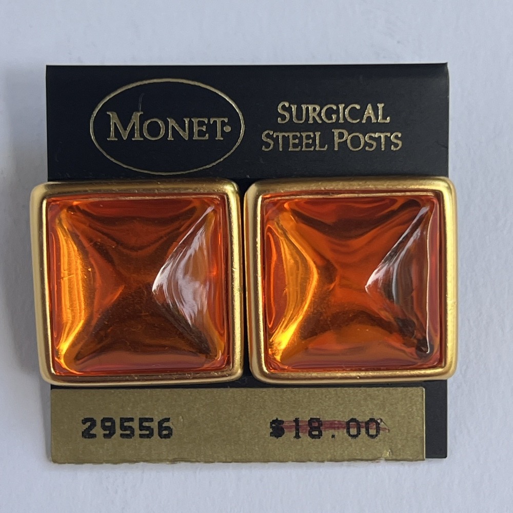 VTG Monet 80s 90s Square Orange Lucite Gold Tone Pierced Earrings New Old Stock